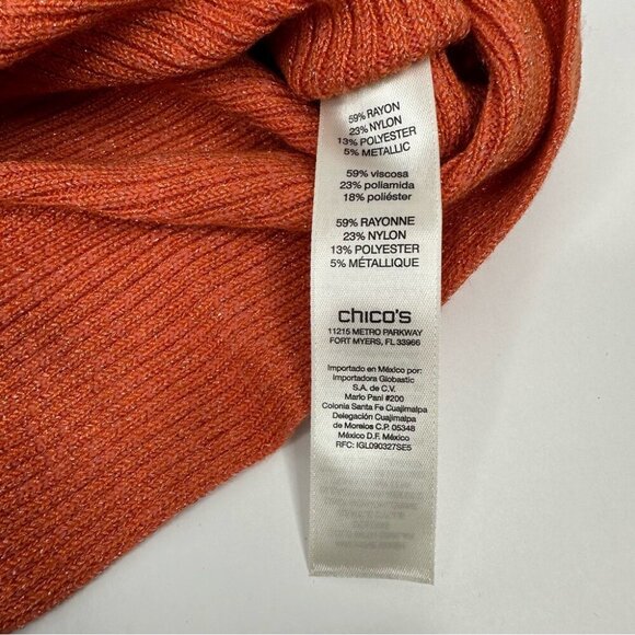 Chico’s Women’s NWT Orange Metallic Ribbed Banteau 3/4 Sleeve Sweater 4/XXL/C44 - Picture 10 of 13